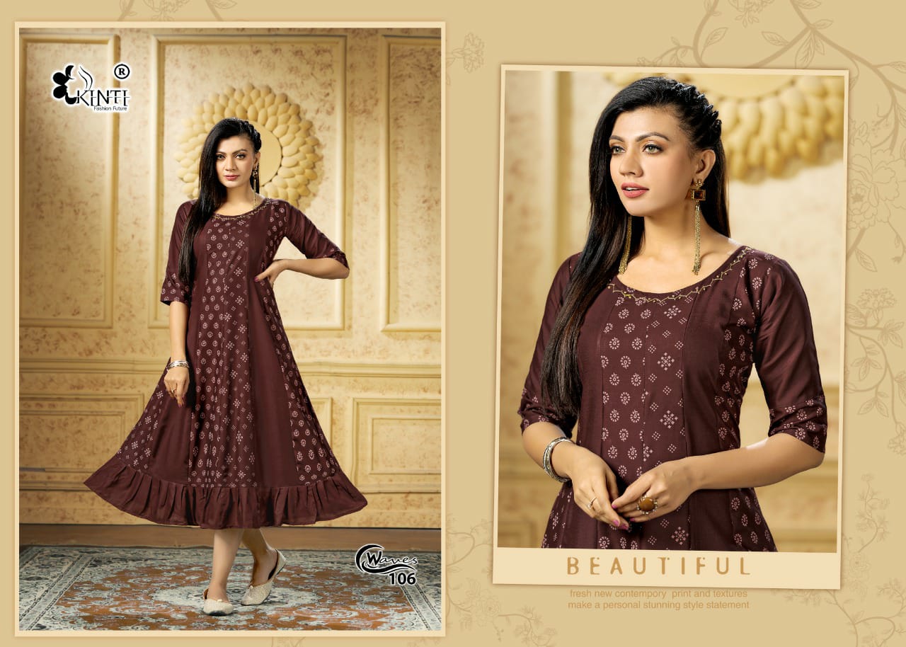 Kinti Waves Rayon Printed Ethnic Wear Designer Latest Anarkali Kurti Collection